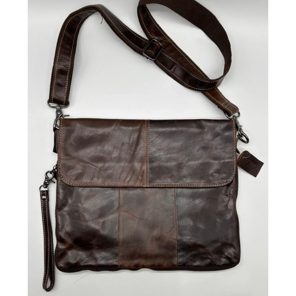 IDEAWIN Brown Leather Crossbody Tablet Messenger Bag Expandable Distressed New
